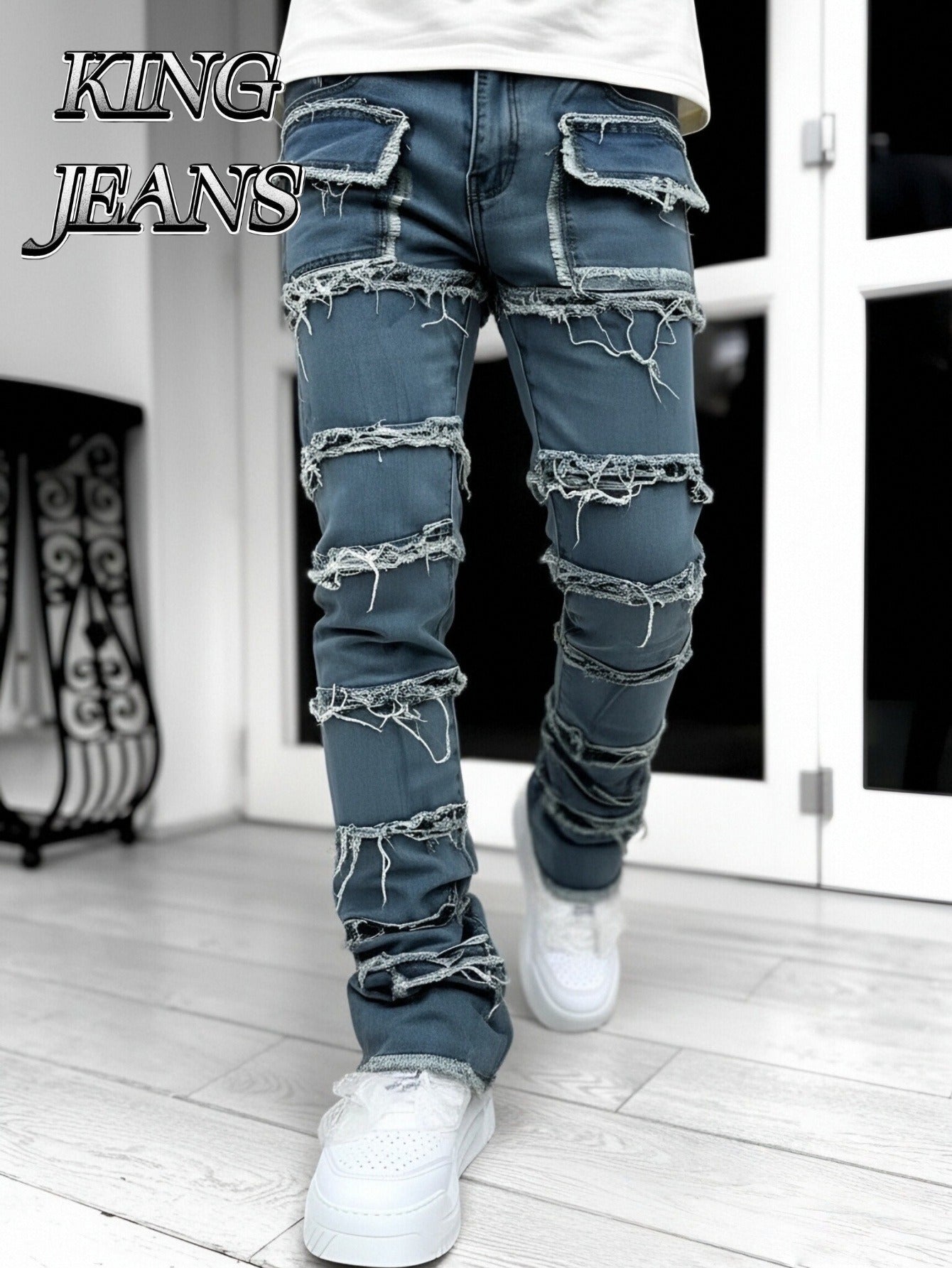 - Men Slim Straight Denim Trousers Featuring Layered Rips And Patchwork - Mid-Rise with a Zipper, Fringed Design, Ideal for Street Fashion,