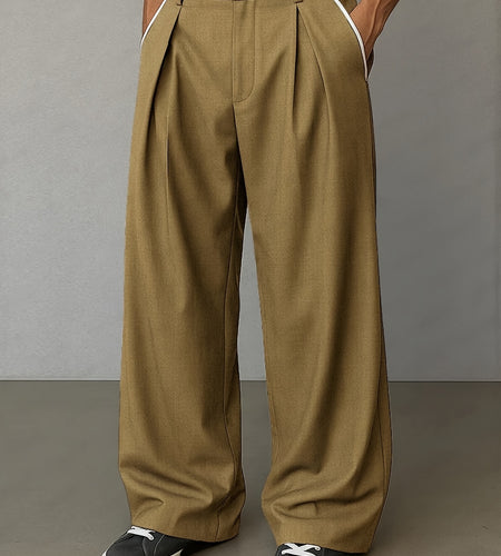 Men's Vintage Wide Leg Dress Pants - Loose Fit Casual Trousers with Zipper Closure, Color Block Side Stripe & Drawstring Waist | Retro Designer Pants for - Wear (Hand Washable)