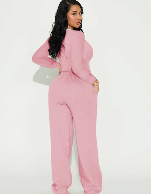 Load image into Gallery viewer, 2pcs Women Casual Long Sleeved Top And Side Striped Style Drawstring Pocket Pants Set For Autumn And Winter
