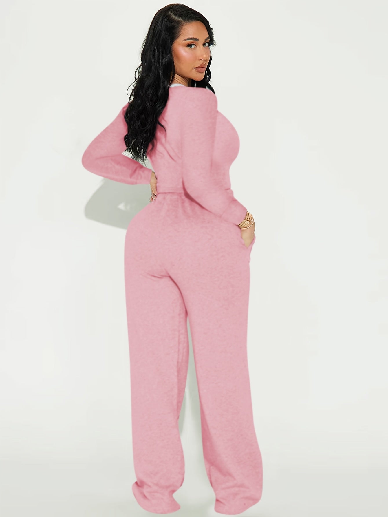 2pcs Women Casual Long Sleeved Top And Side Striped Style Drawstring Pocket Pants Set For Autumn And Winter