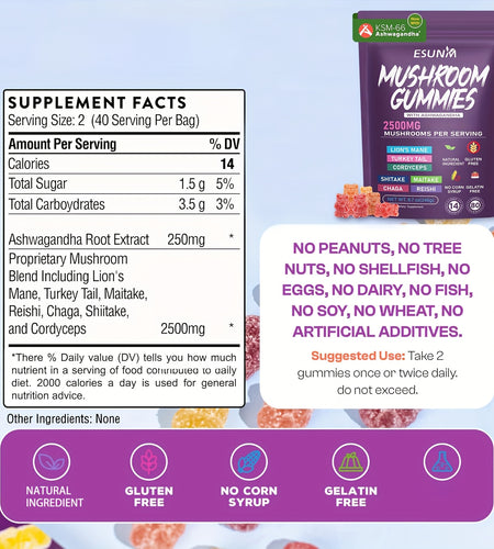 1/2/3/4 Bags of Lion's Mane Mushroom Gummies, Ashwagandha Gummies - Contains Ganoderma, Cordyceps, Turkey Tail, Dancer's Mushroom, Shiitake and Bupleurum, Low Carb, 80 Gummies per Bag, ESUNM