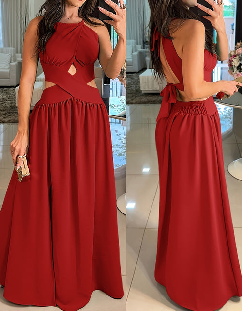 Load image into Gallery viewer, Sexy Backless Women&#39;s Evening Gown | Long Flared Skirt Formal Party Dress with Waist Cross Straps &amp; Open Back, Round Neck Spring Summer Casual to Formal Attire
