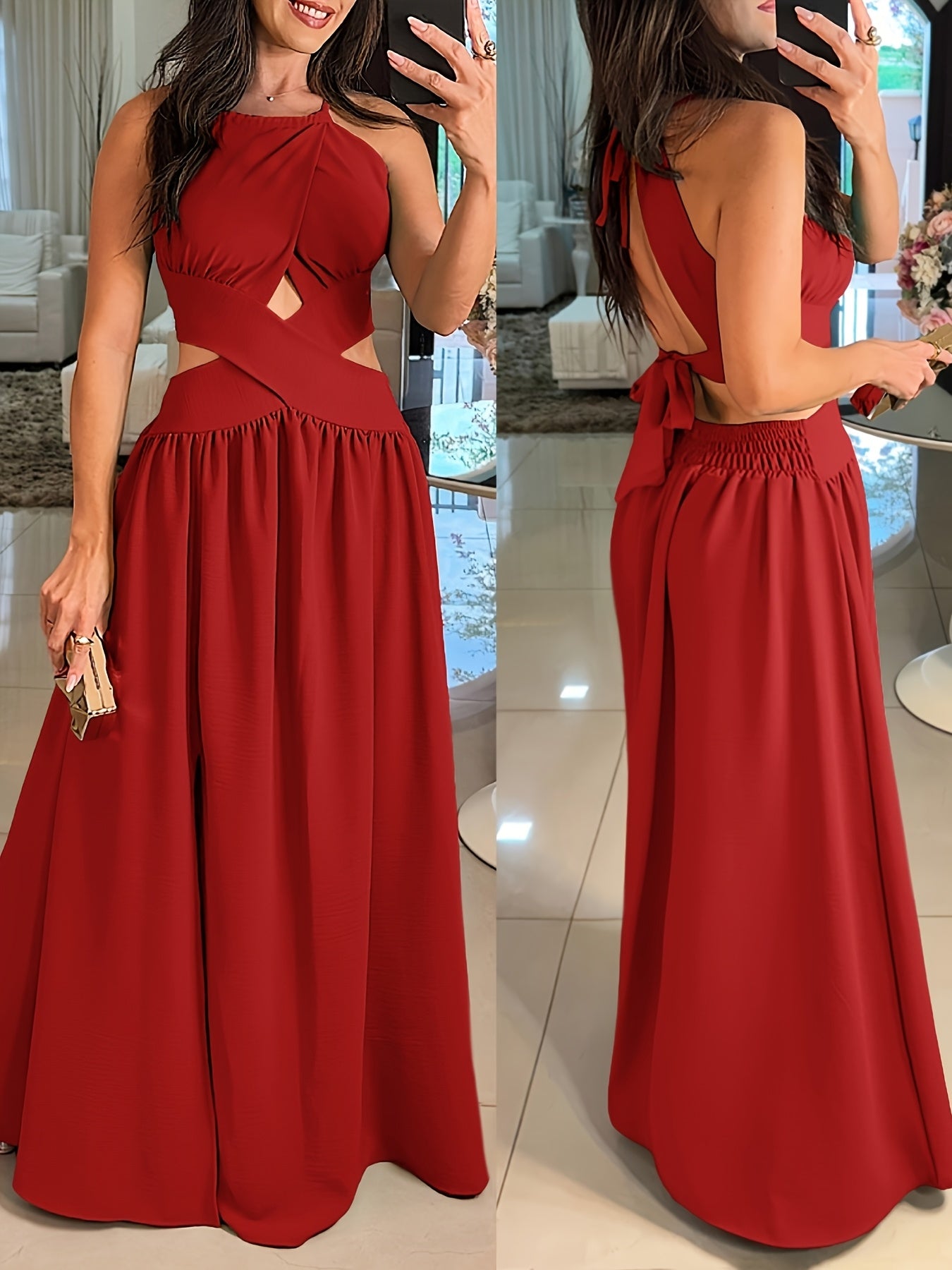 Sexy Backless Women's Evening Gown | Long Flared Skirt Formal Party Dress with Waist Cross Straps & Open Back, Round Neck Spring Summer Casual to Formal Attire