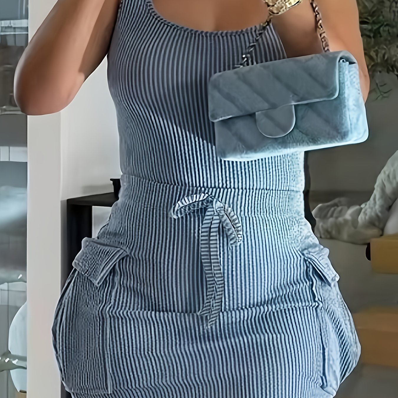 [Sleeveless Bodycon Dress] Sleeveless Ribbed Knit Dress | Women's Sexy Multi-Pockets Bodycon Midi Dress with Tie Waist | Casual Summer & Spring Attire, Ribbed Texture Detail