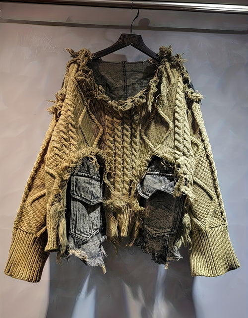 Load image into Gallery viewer, Trendy Braided Patchwork Denim Crewneck Long-Sleeve Cropped Sweater for Women, Fall/ Winter 2025
