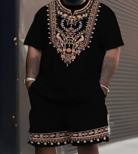 Plus-Size Men'S Sports Casual Drawstring Set with Short Sleeves And Shorts, Featuring a National Style, Plus Size