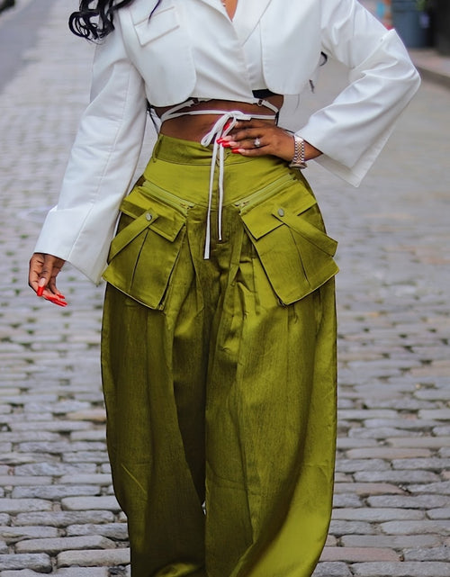 Load image into Gallery viewer, Women&#39;s High-Waisted Wide Leg Cargo Pants with Detachable 3D Pockets &amp; Side Zipper Pockets - Lightweight Stretch Polyester-Spandex Blend, Loose Fit Solid Color Trousers
