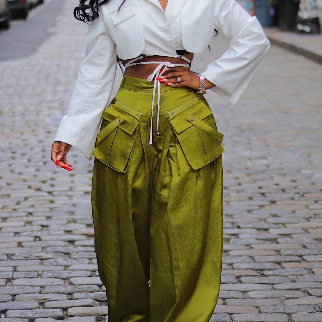 Women's High-Waisted Wide Leg Cargo Pants with Detachable 3D Pockets & Side Zipper Pockets - Lightweight Stretch Polyester-Spandex Blend, Loose Fit Solid Color Trousers