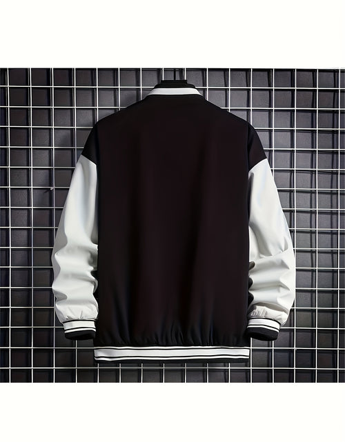 Load image into Gallery viewer, Plus Size Men Baseball Jacket, Casual Polyester Stand Collar with Snap Closure, Non-Stretch Woven Fabric, Loose Fit, with Monogram Patches, for Spring/Fall - Men Sports &amp; Active
