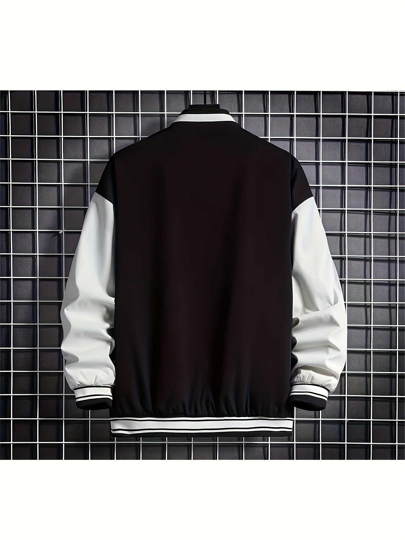 Plus Size Men Baseball Jacket, Casual Polyester Stand Collar with Snap Closure, Non-Stretch Woven Fabric, Loose Fit, with Monogram Patches, for Spring/Fall - Men Sports & Active