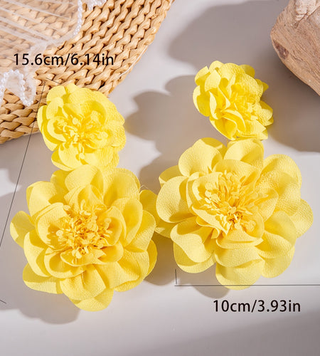 1 Pair Elegant Large Yellow Floral Drop Earrings for Women - Stylish Polyester Flower Design