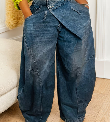 Women Cross-Buckle High Waist Pants - Asymmetrical Open Wide Leg Street Style Jeans, Vintage Tooling Casual Loose Pants with Pockets