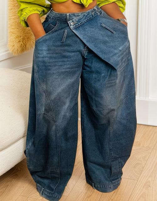 Load image into Gallery viewer, Women Cross-Buckle High Waist Pants - Asymmetrical Open Wide Leg Street Style Jeans, Vintage Tooling Casual Loose Pants with Pockets
