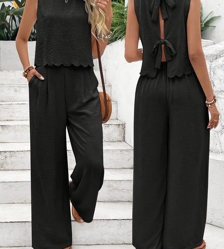 Frenchy Women Summer  Simple Everyday Old Money Style Linen Tie Two Piece Set, Tie Two Piece, Shell Trimmed Sleeveless Top And Pants