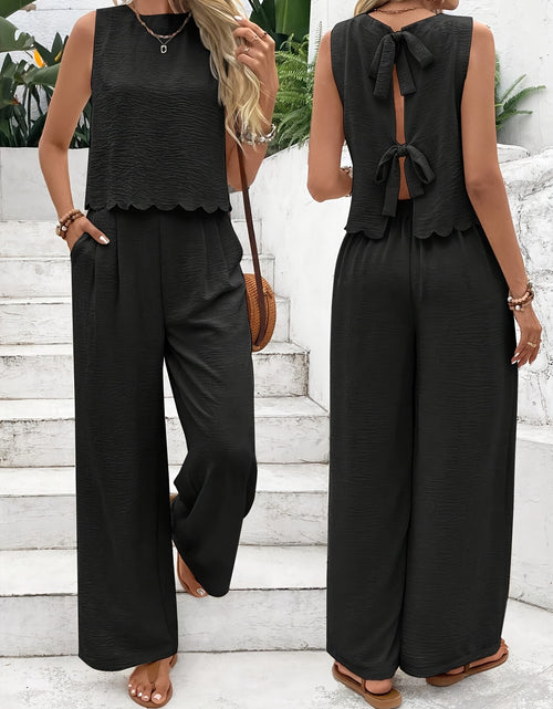 Load image into Gallery viewer, Frenchy Women Summer  Simple Everyday Old Money Style Linen Tie Two Piece Set, Tie Two Piece, Shell Trimmed Sleeveless Top And Pants
