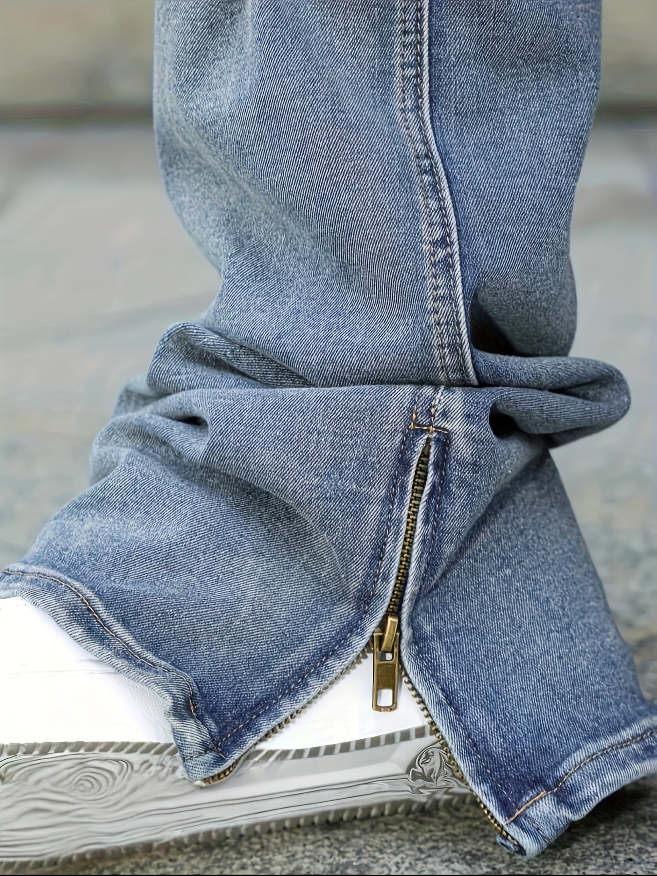 Men's straight-leg distressed jeans- mid-rise, stretch blend, leg zipper design, street style, ripped details, comfortable and versatile,  stylish long pants Slim-fit jeans Durable fabric