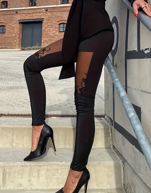 Load image into Gallery viewer, Women Sheer Mesh &amp; Lace Embellished Skinny Pants - Stretchy Tight-Fitting High-Waisted Ankle-Length Leggings with Elastic Waistband
