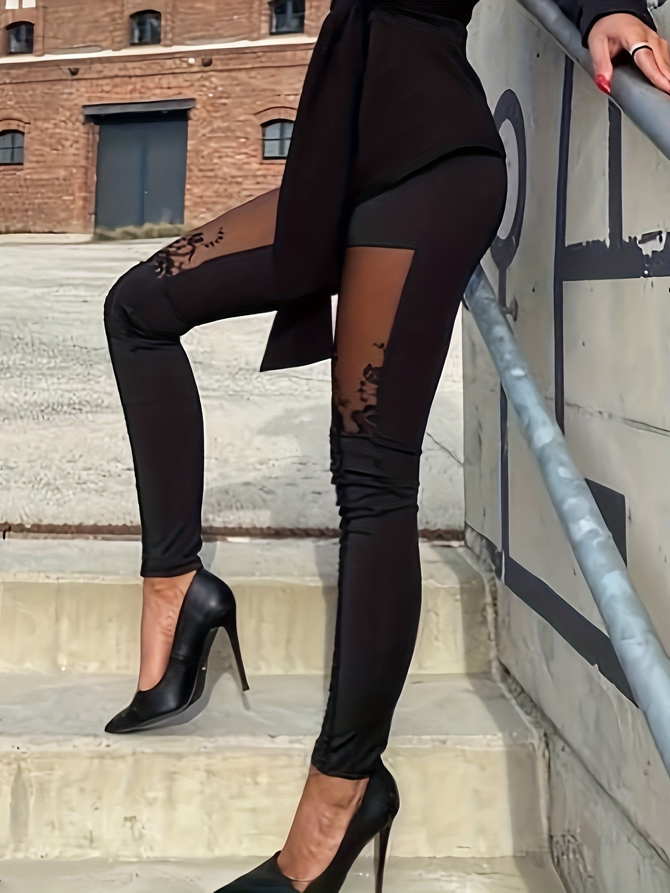 Women Sheer Mesh & Lace Embellished Skinny Pants - Stretchy Tight-Fitting High-Waisted Ankle-Length Leggings with Elastic Waistband