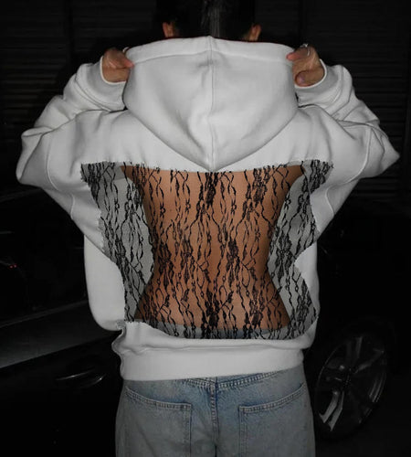 Women's Solid Color Open Back Mesh Hooded Sweatshirt - Long Fall Nightclub Sweater with, Semi-Sheer Elegant Sweaters for Parties & Casual Wear, Dress Length (Hand Wash Care)