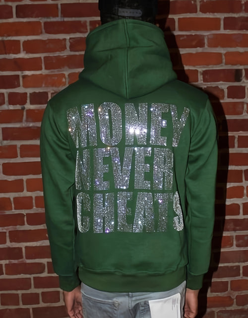 Load image into Gallery viewer, Women&#39;s Y2K  Hoodie with &quot;MONEY NEVER CHEATS&quot; Rhinestone Lettering - Emerald Green Zip-Up Sweatshirt, Front &amp; Back Sparkling Diamond Print, Machine Washable Regular Fit, All season Sweatshirt
