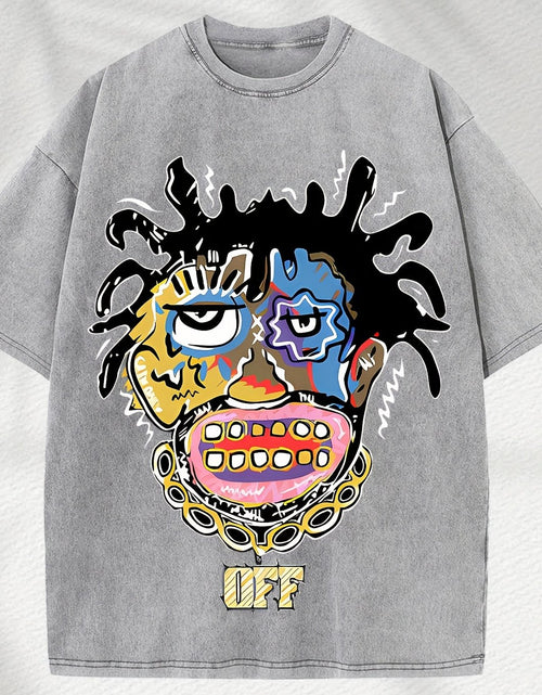 Load image into Gallery viewer, Home Relaxation | Men&#39;s Trendy Washed Cotton Graphic Tee - Blue Short Sleeve with Colorful Abstract Face &amp; &quot;OFF&quot; Print, Casual Summer Shirt
