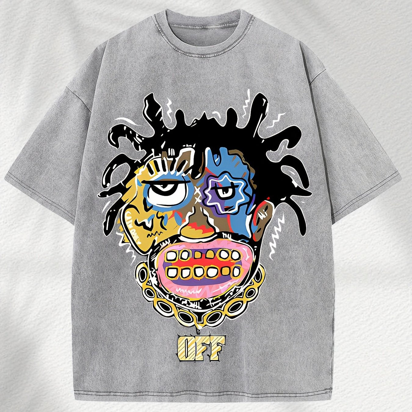 Home Relaxation | Men's Trendy Washed Cotton Graphic Tee - Blue Short Sleeve with Colorful Abstract Face & "OFF" Print, Casual Summer Shirt