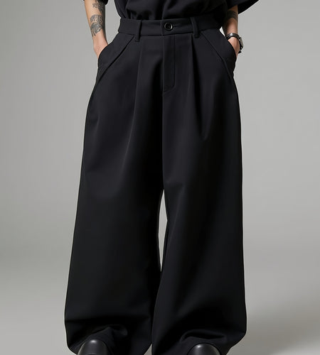 Men Loose Silhouette Solid Color With Pockets Pleated Pants Super Loose Pants Simple, Wide Leg Pants , Solid Color Pants - Elegant Wide Leg Pants
