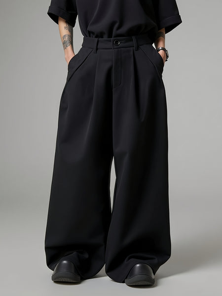 Men Loose Silhouette Solid Color With Pockets Pleated Pants Super Loose Pants Simple, Wide Leg Pants , Solid Color Pants - Elegant Wide Leg Pants