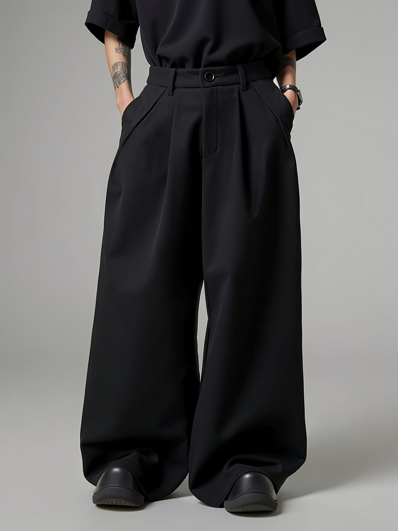 Men Loose Silhouette Solid Color With Pockets Pleated Pants Super Loose Pants Simple, Wide Leg Pants , Solid Color Pants - Elegant Wide Leg Pants