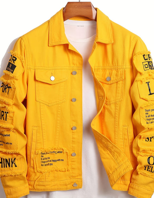 Load image into Gallery viewer, Men&#39;s Heavyweight Denim Jacket - Oversized Retro Streetwear Coat with 3D Patchwork Design, Single-Button Closure, Machine Washable, 4-Pocket Construction (Yellow/Black)
