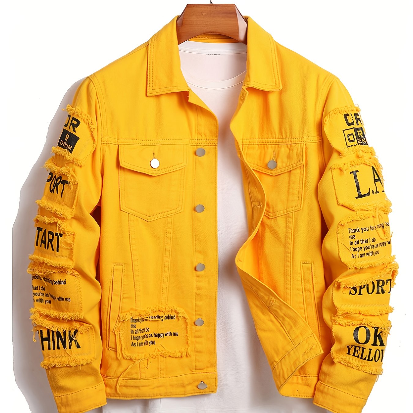 Men's Heavyweight Denim Jacket - Oversized Retro Streetwear Coat with 3D Patchwork Design, Single-Button Closure, Machine Washable, 4-Pocket Construction (Yellow/Black)
