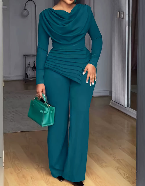 Load image into Gallery viewer, Plus Size - Women Plus Size Two-Piece Set - Cinched Waist Top &amp; Flared Pants, Solid Color, Asymmetrical Design, Casual Style, Crew Neck, Slight Stretch Fabric
