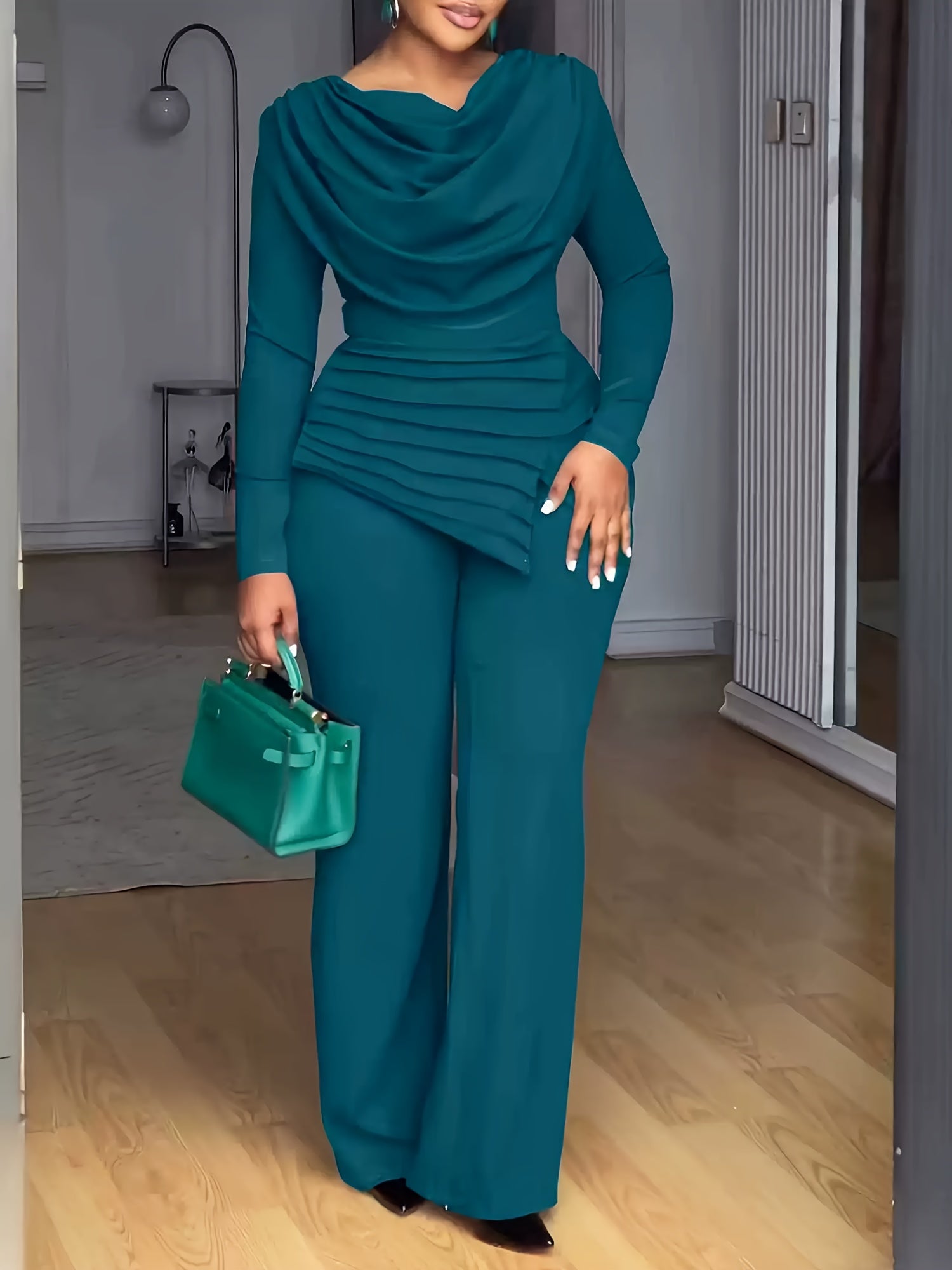 Plus Size - Women Plus Size Two-Piece Set - Cinched Waist Top & Flared Pants, Solid Color, Asymmetrical Design, Casual Style, Crew Neck, Slight Stretch Fabric