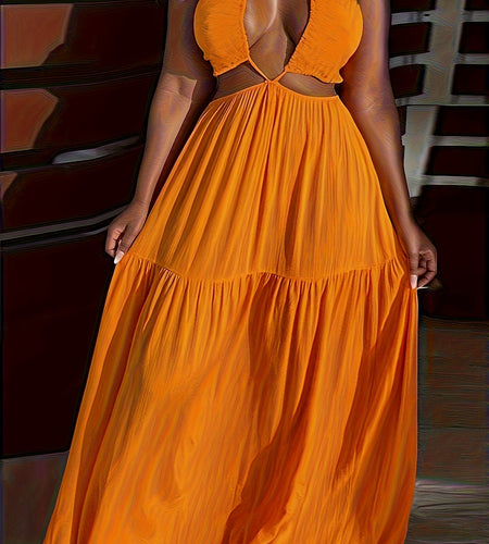 Plus Size Solid Color Tie Dress Sexy Fashion Halter Neck Non-Stretch Polyester