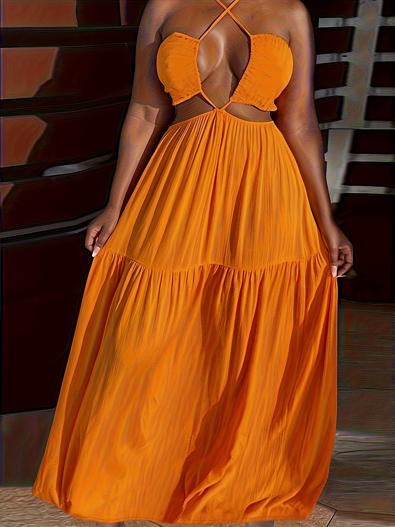 Plus Size Solid Color Tie Dress Sexy Fashion Halter Neck Non-Stretch Polyester