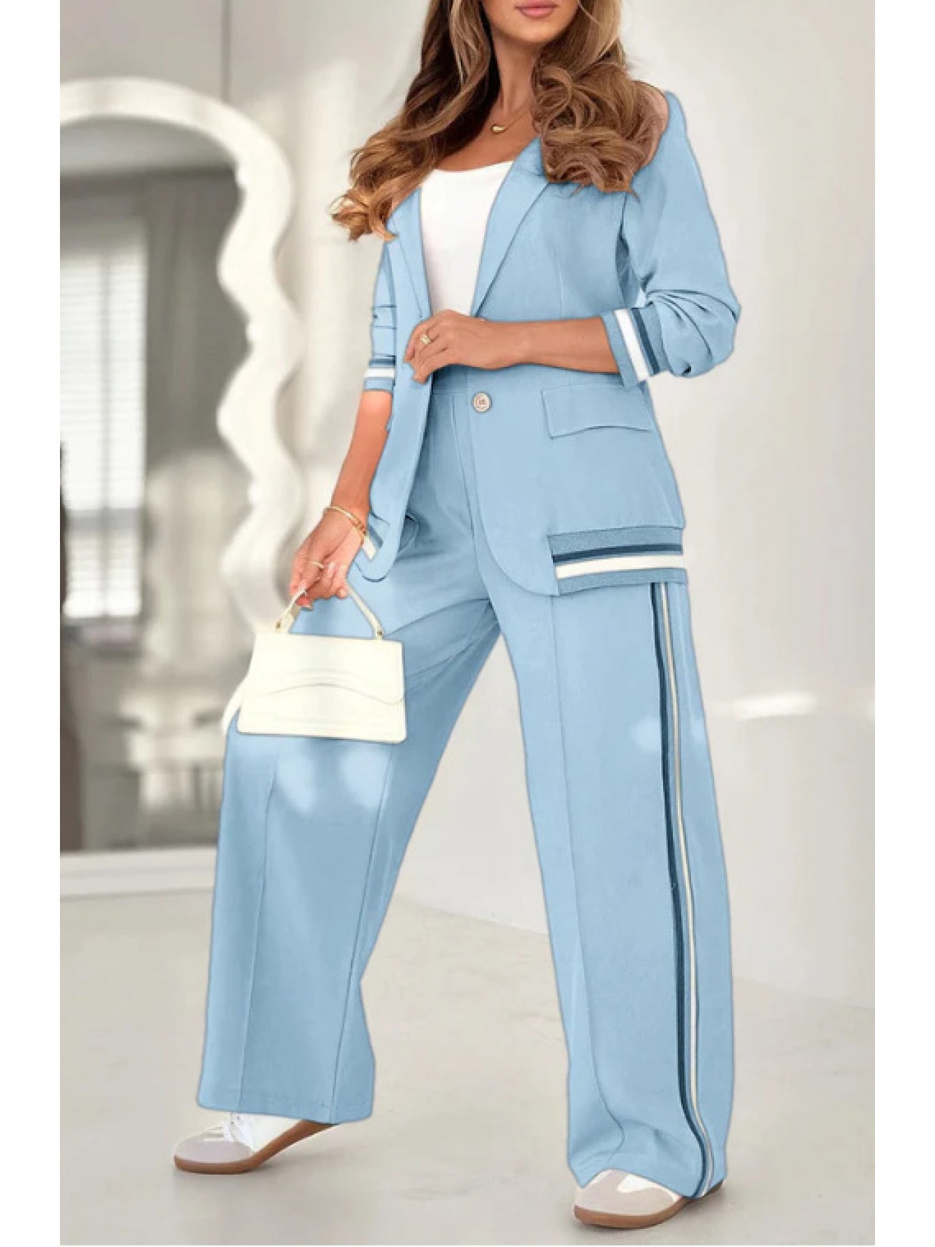 Women 2pcs Set Solid Color Ribbed Fashion Commuter Wear 100% Polyester Micro Elastic Chic Adult Clothing Eye Catching Patchwork