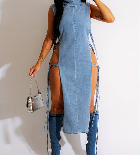 Sexy Denim Bodycon Dress - Mock Neck Midi With Side Lace-Up Cutouts, Sleeveless Tank Style Party Dress For Clubbing/Night Out (Stretch Vintage Blue Wash)