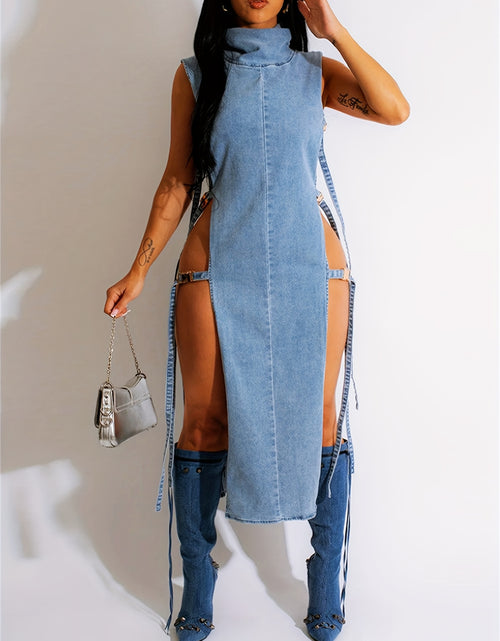 Load image into Gallery viewer, Sexy Denim Bodycon Dress - Mock Neck Midi With Side Lace-Up Cutouts, Sleeveless Tank Style Party Dress For Clubbing/Night Out (Stretch Vintage Blue Wash)
