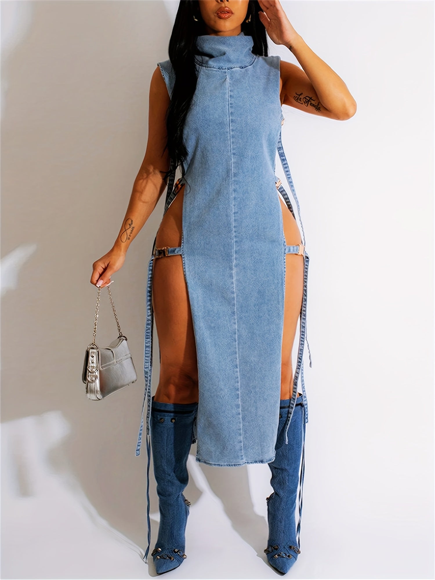 Sexy Denim Bodycon Dress - Mock Neck Midi With Side Lace-Up Cutouts, Sleeveless Tank Style Party Dress For Clubbing/Night Out (Stretch Vintage Blue Wash)