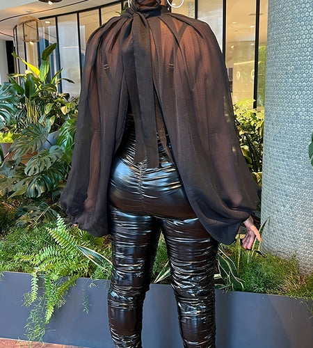 Plus Size Women Sassy Mesh Top - High Neck, Lantern Sleeve, Split Hem, Slight Stretch, Solid Color, Comfortable, Breathable, Fashionable, Versatile, Everyday Wear