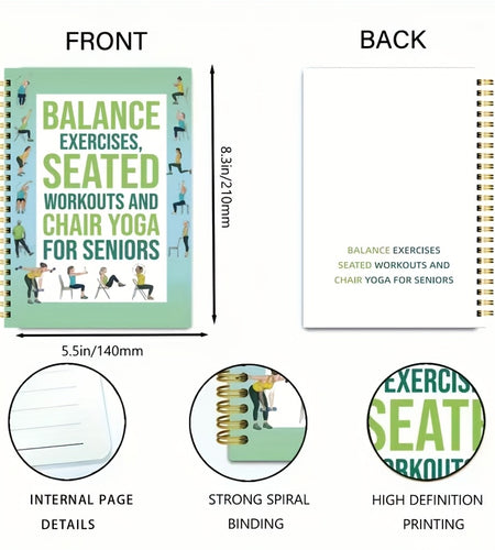 50-Page Chair Yoga Exercise Book for Seniors & Adults - Elderly Seated Yoga Poses Guide with Chair Squats, Balance Training & Stretching - Spiral Bound-like Binding (No Binding Removal) - Home, Gym