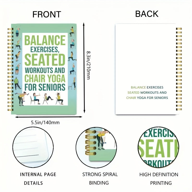 50-Page Chair Yoga Exercise Book for Seniors & Adults - Elderly Seated Yoga Poses Guide with Chair Squats, Balance Training & Stretching - Spiral Bound-like Binding (No Binding Removal) - Home, Gym