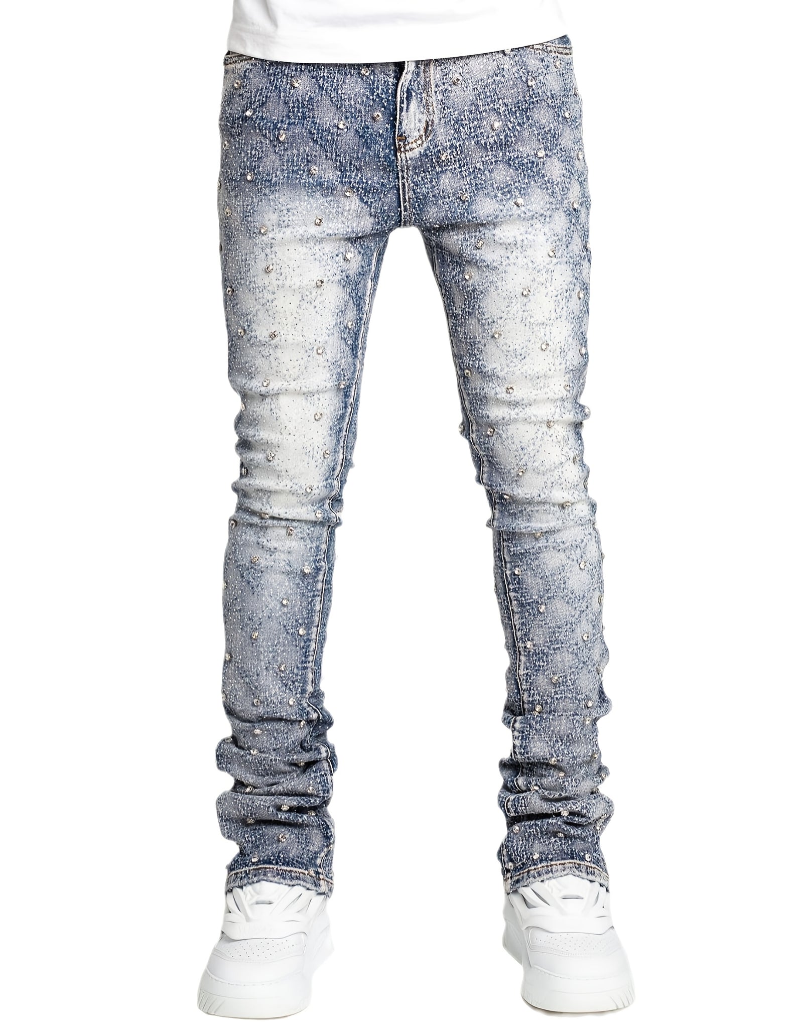 Men's Sparkling Elastic Straight Jeans ,Skinny Cotton Blend with Nail Drill Decoration