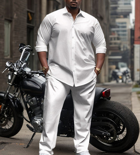 Plus Size Men Casual Suit Set - 1set Polyester Lapel Shirt with Slight Stretch, Regular Fit  - Stylish and Comfortable Outfit