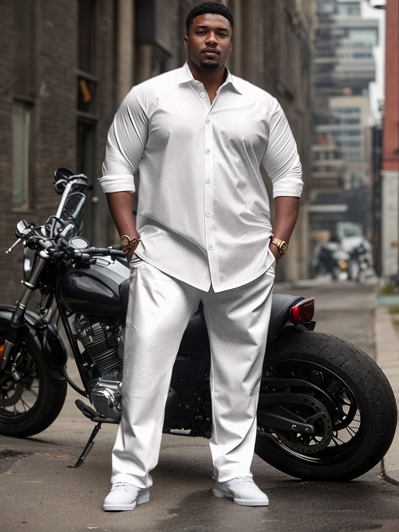 Plus Size Men Casual Suit Set - 1set Polyester Lapel Shirt with Slight Stretch, Regular Fit  - Stylish and Comfortable Outfit