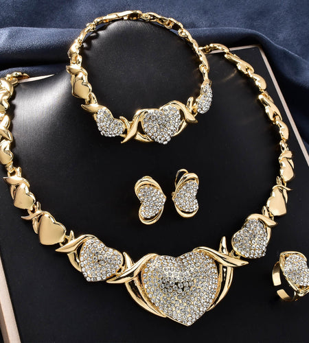 Heart Jewelry 5pcs Elegant Women's Jewelry Set -  Heart Elements Necklace, Bracelet, Ring, And Earrings