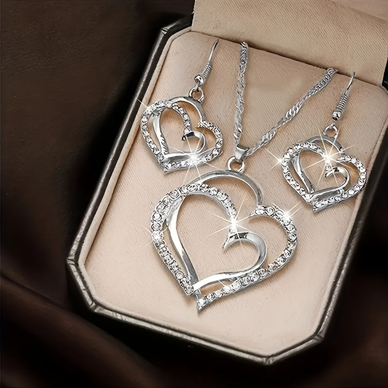 A Pair Of Earrings And A Necklace,  Romantic Style Jewelry Set, Sparkling Heart-shaped Design, Perfect Valentine's Day And Birthday Gifts.