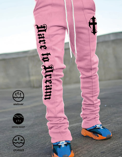 Load image into Gallery viewer, Men&#39;s Stylish Black Flared Pants with White Letter Print - Slim Fit, Anti-Wrinkle, Drawstring Waist, Casual &amp; Hip Hop Joggers for Spring
