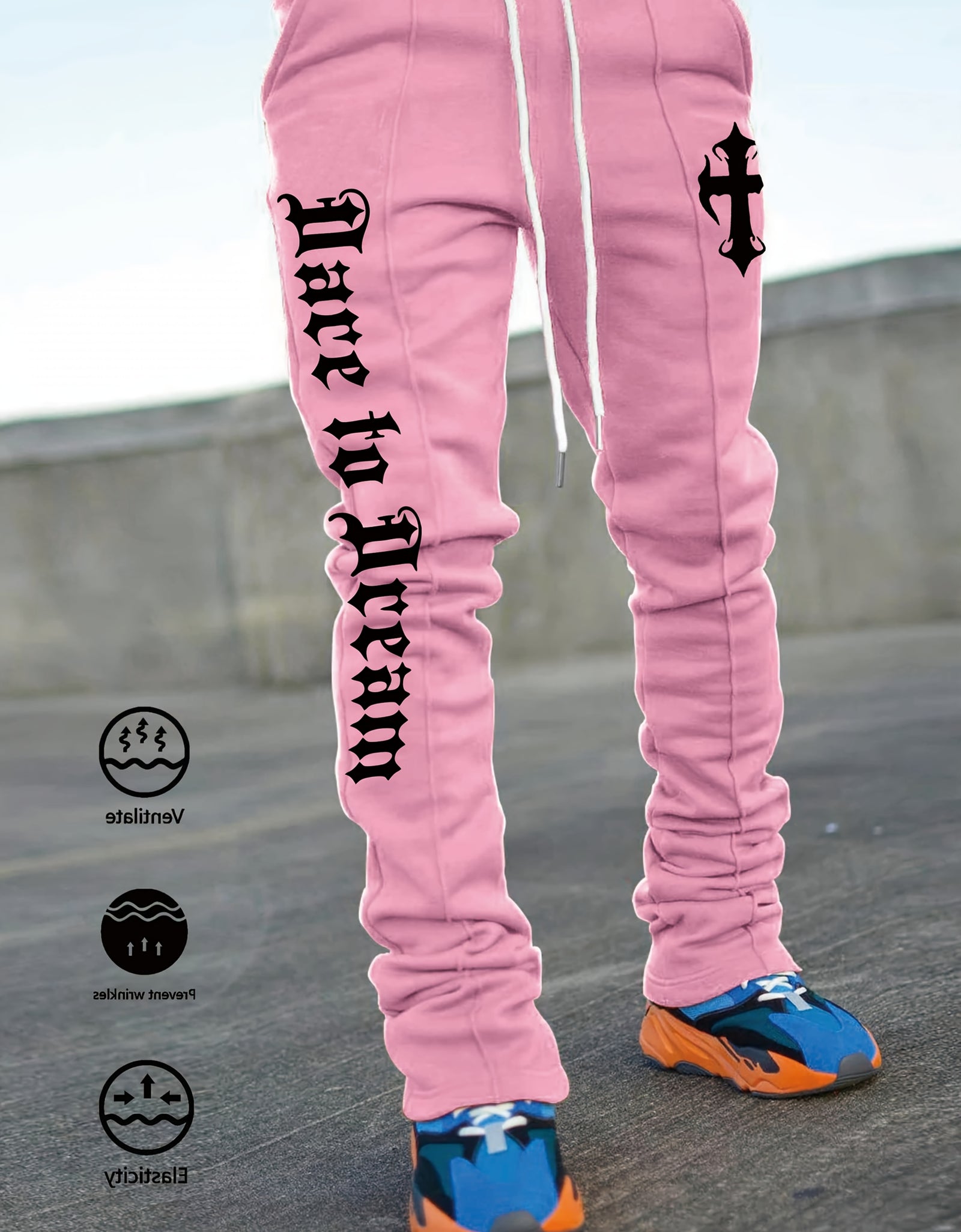Men's Stylish Black Flared Pants with White Letter Print - Slim Fit, Anti-Wrinkle, Drawstring Waist, Casual & Hip Hop Joggers for Spring