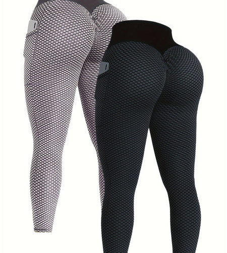 Stretchy High Waisted 2-Pack Seersucker Yoga Leggings for Women - Geometric-Pattern Polyester Knit Fabric - All-Season Track Pants with Pockets